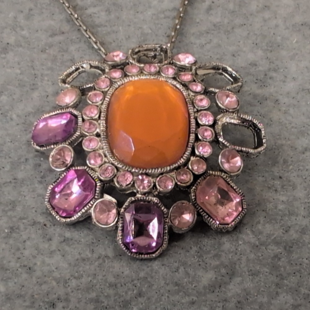 Sarah Coventry Orange Gemstone Flower Statement Necklace Slvr Tone Missing Gems - Picture 1 of 5